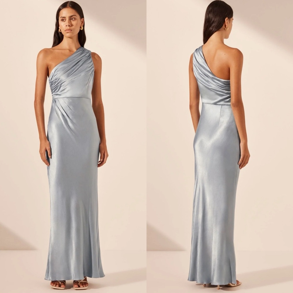 Shona Joy One-Shoulder Satin Maxi Dress in Light Blue